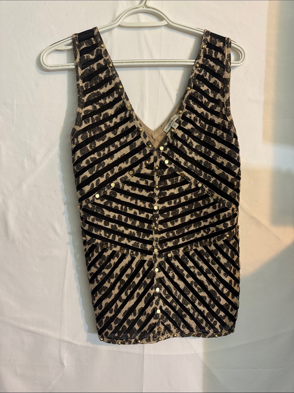 Boston Proper Black & Tan Striped Sequin V-Neck Tank